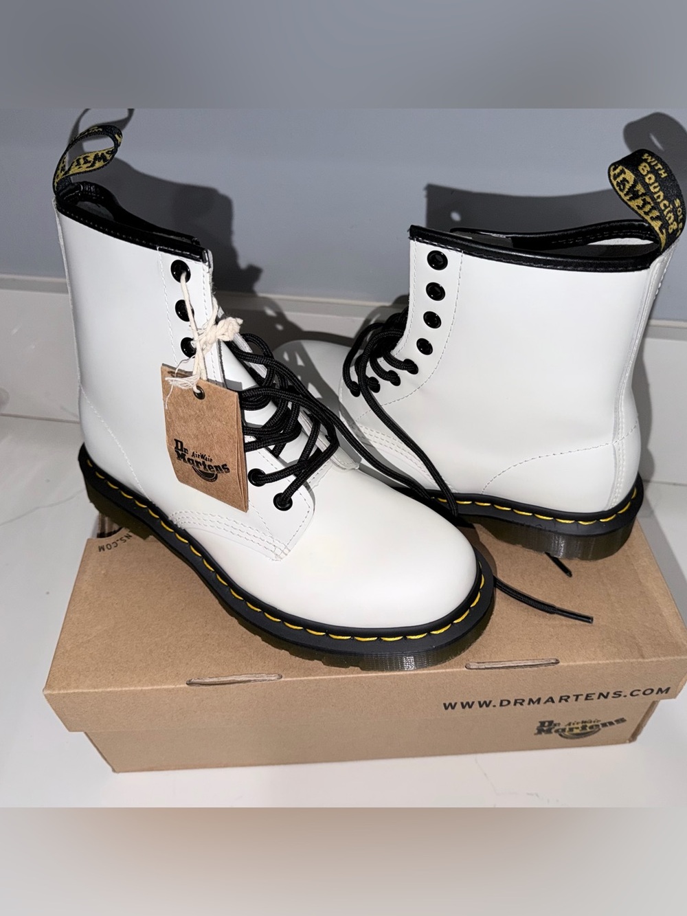 Dr. Martens White Leather 8-Eye Lace-Up Boots with Black Trim